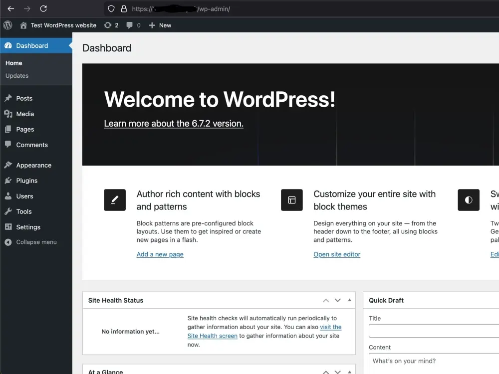 WordPress dashboard on VPS server
